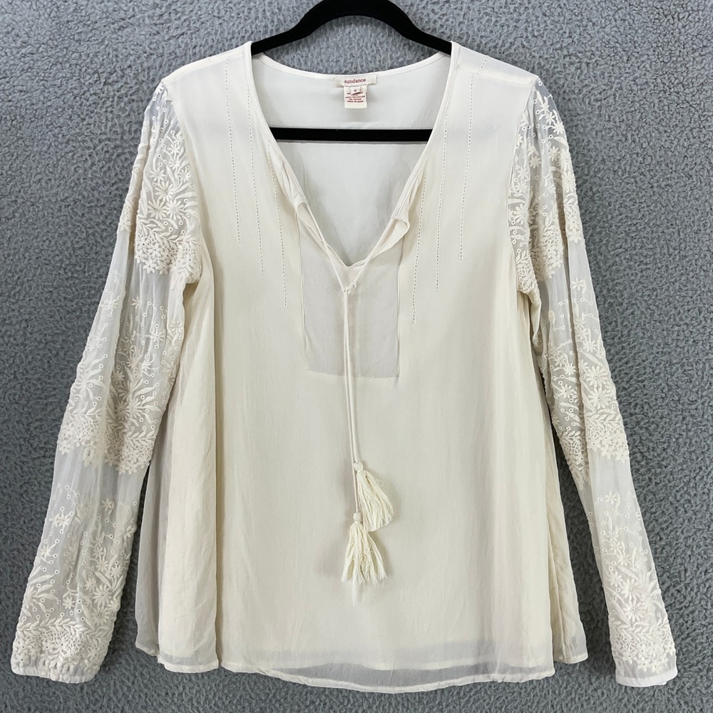 Sundance Embroidered Blouse Womens S Cream‎ Boho Tassel V-Neck Mesh